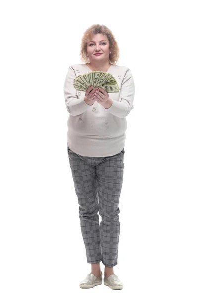 En pleno crecimiento. mujer adulta feliz con billetes. — Foto de Stock