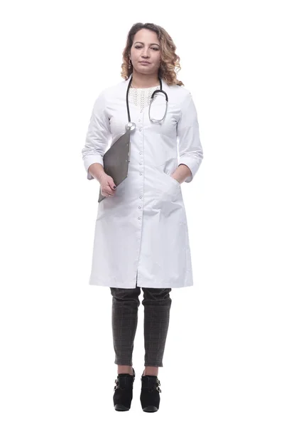 Young female doctor with clipboard. isolated on a white — Stock Photo, Image
