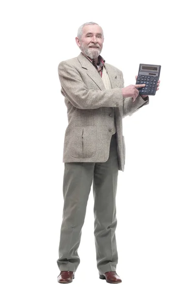 Hombre de negocios de edad avanzada con una calculadora. aislado en un blanco — Foto de Stock