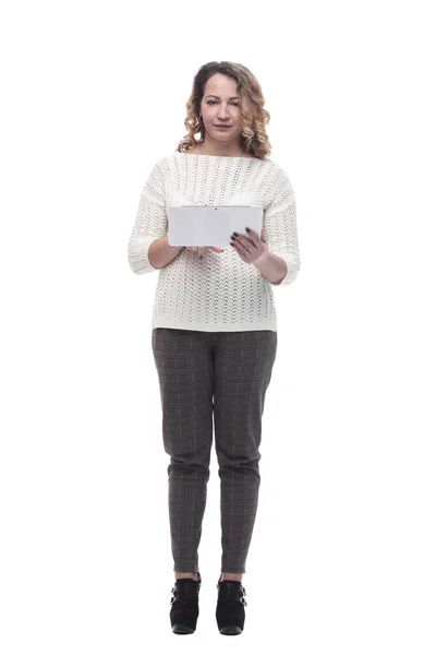 Jeune femme avec une tablette numérique. isolé sur un blanc — Photo