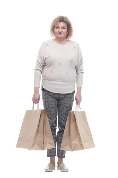 Casual adult woman with shopping bags. isolated on a white — Stock Photo, Image