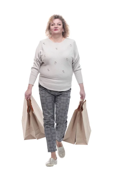 Casual adult woman with shopping bags. isolated on a white — Stock Photo, Image