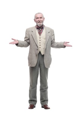 Tam boy. İş kıyafetleri içinde sıradan yaşlı bir adam. .