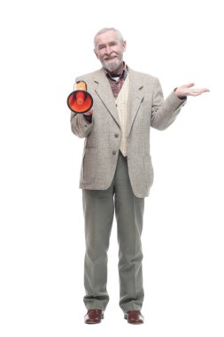 Elinde megafonla kızgın bir iş adamı. bir beyaz üzerinde izole