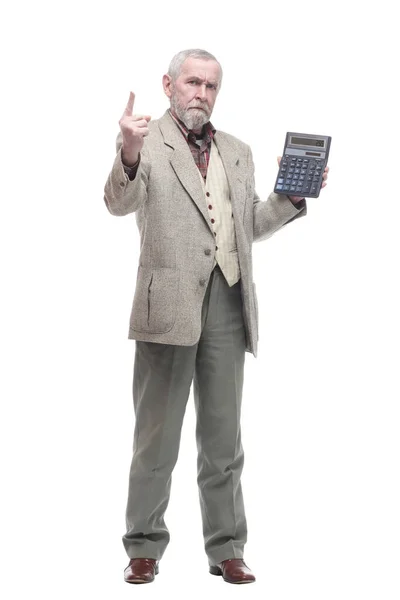 Hombre de negocios de edad avanzada con una calculadora. aislado en un blanco — Foto de Stock