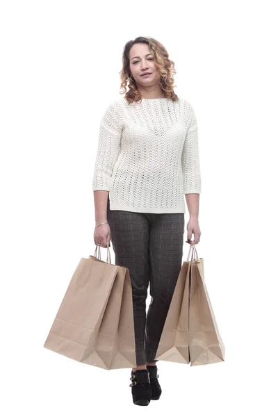 Casual young woman with shopping bags. isolated on a white — Stock Photo, Image