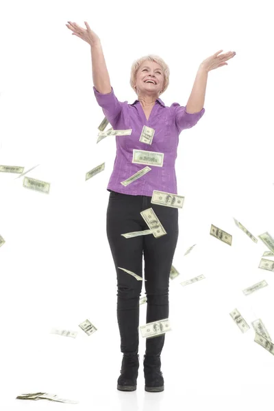 In volle groei. gelukkig volwassen vrouw met bankbiljetten. — Stockfoto