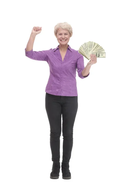 V plném růstu. šťastná zralá žena s bankovkami. — Stock fotografie