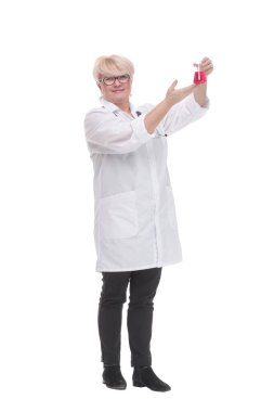 Tam gelişim. Laboratuvar matarasında uzman bir doktor..