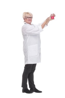 Tam gelişim. Laboratuvar matarasında uzman bir doktor..