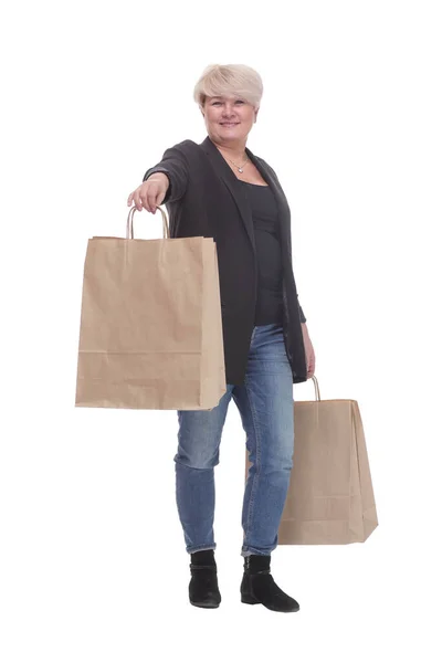 V celé délce. ležérní starší žena s nákupními taškami . — Stock fotografie
