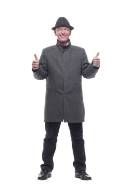 Dikiz aynası. Şapkalı ve sonbahar ceketli zeki bir adam. .