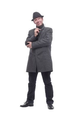 Şapkalı ve sonbahar montlu duygusal adam. .