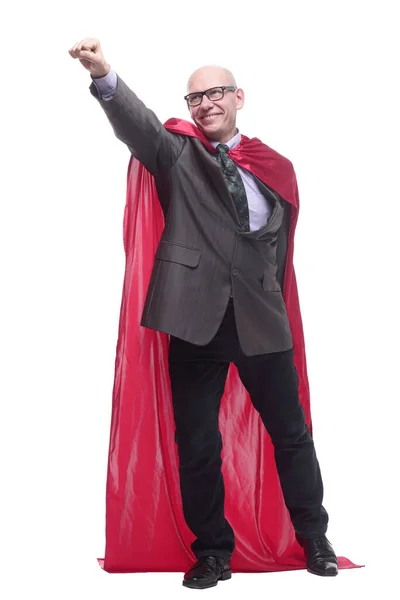 Biznesmen w płaszczu przeciwdeszczowym superbohatera. izolowany na białym — Zdjęcie stockowe