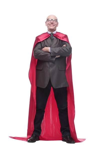 スーパーヒーローのレインコートを着たビジネスマンだ。白地に隔離され — ストック写真