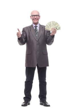 Tam gelişim. Dolar banknotları olan mutlu bir iş adamı..