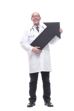 Sırıtan bir doktor ve bir ok yönü gösteriyor..