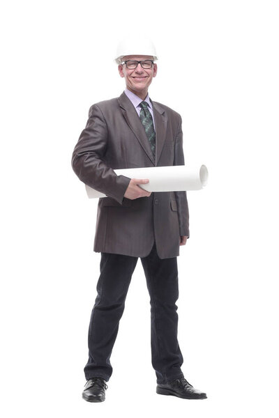 business man in a protective helmet with drawings.