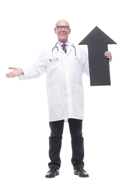 Smiling doctor with an arrow pointing in the direction. — Stockfoto