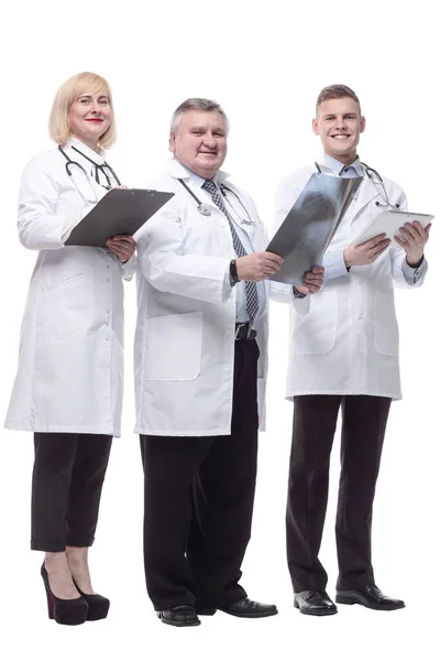 Qualified doctors colleagues standing together. isolated on a white Stock Photo