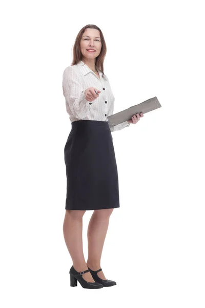 En pleno crecimiento. Ejecutiva mujer de negocios con portapapeles . — Foto de Stock