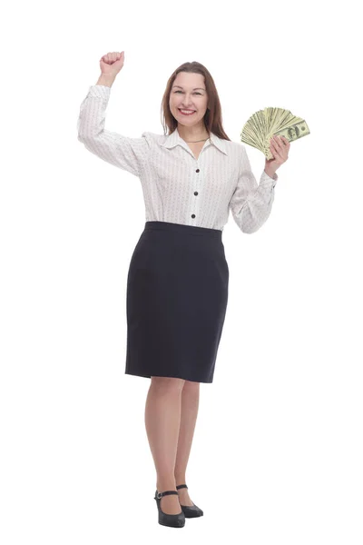 完全に成長しています。銀行券を持つ幸せなビジネス女性. — ストック写真