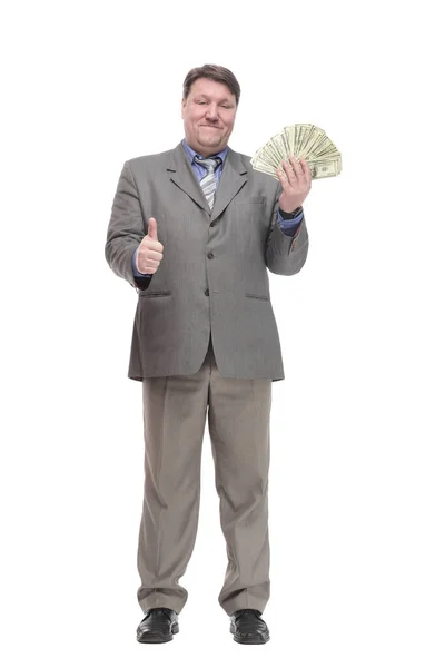W pełnym wzroście. szczęśliwy człowiek z banknotami dolarowymi. — Zdjęcie stockowe