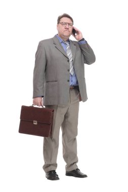 Tam gelişim. Akıllı telefonlu ciddi bir iş adamı..