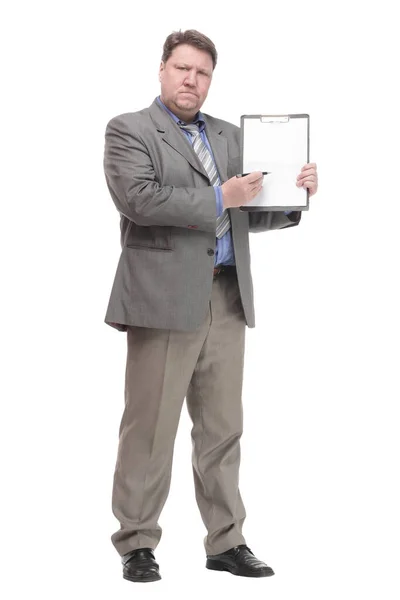 In full growth. serious business man with a clipboard. — Stockfoto