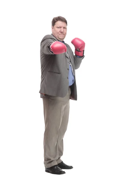 In full growth. serious business man in Boxing gloves. — 图库照片