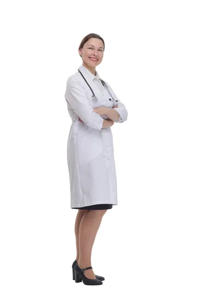 청진기를 가진 여성 의사. 하얀 배경에 고립되어 있다. — 스톡 사진