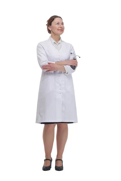 In full growth.a female doctor with a stethoscope in her hand — 图库照片