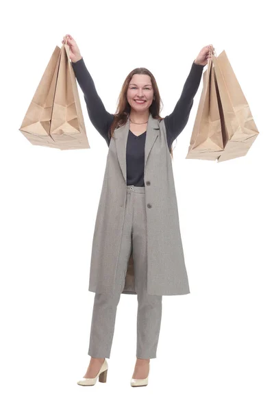 Σε πλήρη ανάπτυξη. κομψή γυναίκα με τσάντες για ψώνια. — Φωτογραφία Αρχείου