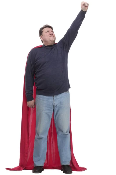 Uomo maturo in un supereroe Capo .isolato su uno sfondo bianco. — Foto Stock