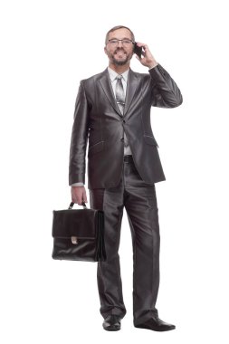 Akıllı telefonu olan bir işletmeci. beyaz arkaplanda izole edilmiş.