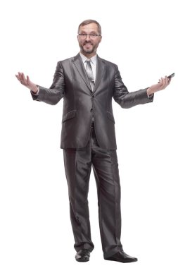 Akıllı telefonu olan bir işletmeci. beyaz arkaplanda izole edilmiş.