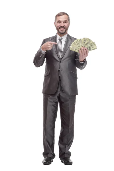 Em pleno crescimento. homem de negócios feliz com notas de dólar. — Fotografia de Stock