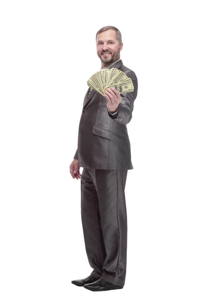 V plném růstu. šťastný obchodník s dolarovými bankovkami. — Stock fotografie