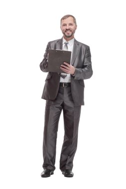 Panosu olan bir iş adamı. beyaz arkaplanda izole edilmiş.