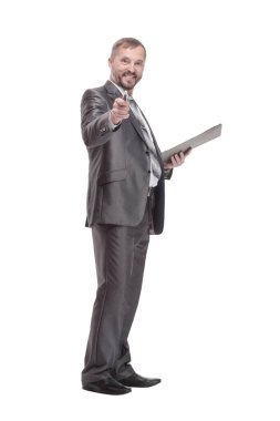 Panosu olan bir iş adamı. beyaz arkaplanda izole edilmiş.