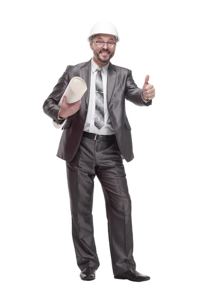 Glimlachende zakenman met tekeningen. geïsoleerd op een witte achtergrond. — Stockfoto