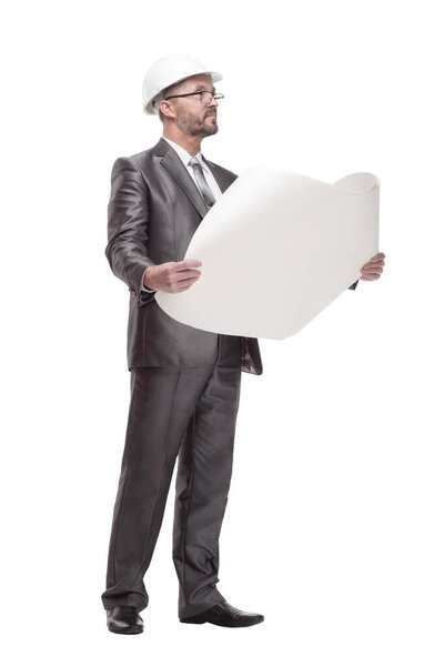 smiling business man with drawings. isolated on a white background.