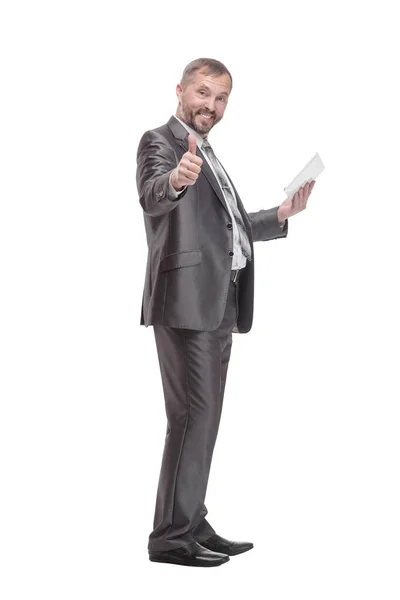 Uomo d'affari con un tablet digitale. isolato su sfondo bianco. — Foto Stock