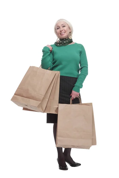 En plena mujer growth.smiling con bolsas de compras. — Foto de Stock