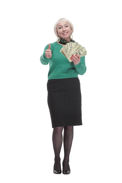 V plném vzrůstu. Šťastná žena s dolarovými bankovkami. — Stock fotografie