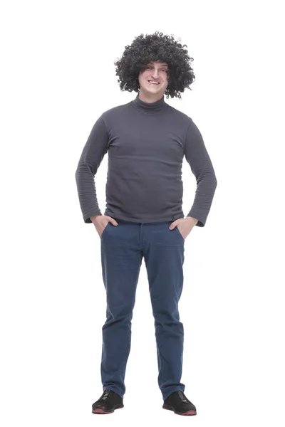 In full growth. Jolly young man in a curly wig. — Stockfoto