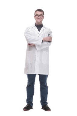Tam gelişim. Steteskoplu kendine güvenen bir erkek doktor. .