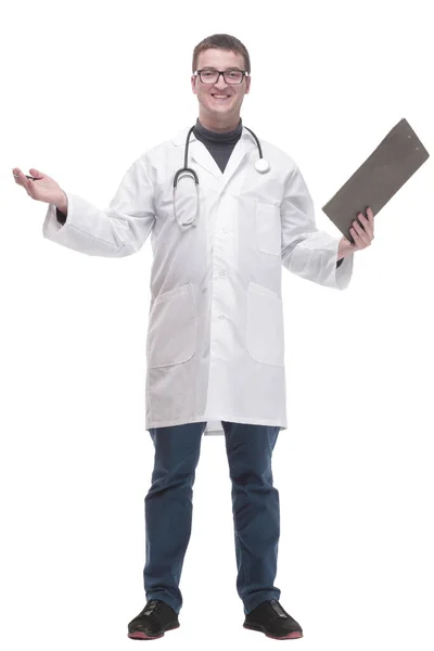 I full tillväxt. säker manlig läkare med Urklipp. — Stockfoto