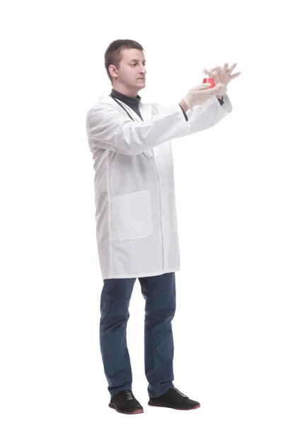 Happy male doctor with a laboratory flask. — Fotografia de Stock