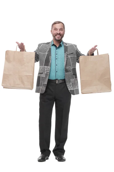 Σε πλήρη ανάπτυξη. Ευτυχισμένος άντρας με τσάντες για ψώνια.. — Φωτογραφία Αρχείου